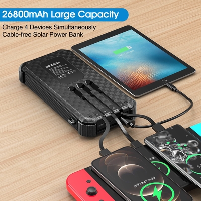 IPX5 Suya Dayanıklı Taşınabilir Güneş Enerjili Güç Bankası Şarj Cihazı 26800mAh, 3 Dahili Kablolu