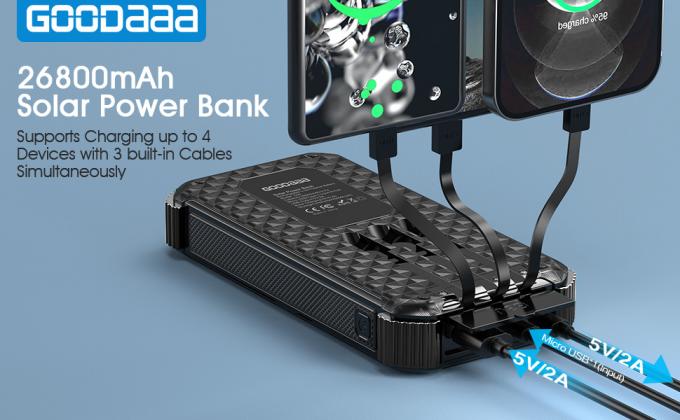 IPX5 Suya Dayanıklı Taşınabilir Güneş Enerjili Güç Bankası Şarj Cihazı 26800mAh, 3 Dahili Kablolu 0